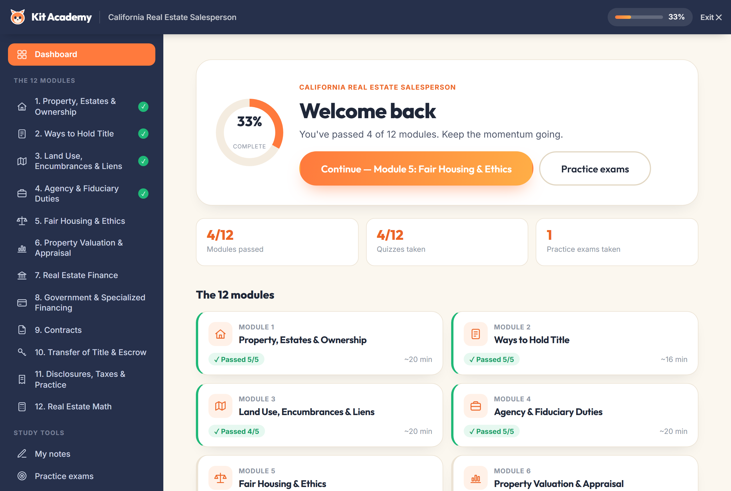 The course dashboard with progress